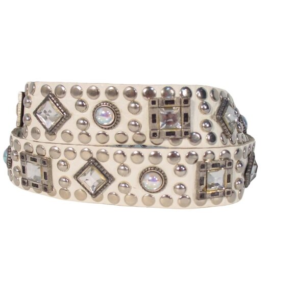 SAND CASTLE Vintage Studded and Crystal Ivory Leather Belt Women's M (30"-34") - Picture 2 of 8